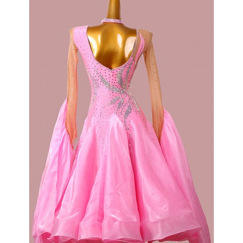 Custom size Pink competition ballroom dancing dresses with diamond for women girls kids sparkle bling waltz tango foxtrot smooth dance long skirts